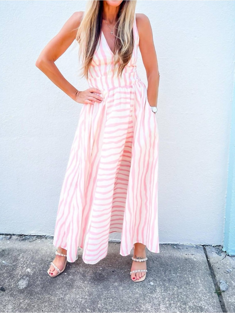 Entro Cotton Candy Pink and Cream Stripe V Neck  Midi Dress Sz L With Pockets
